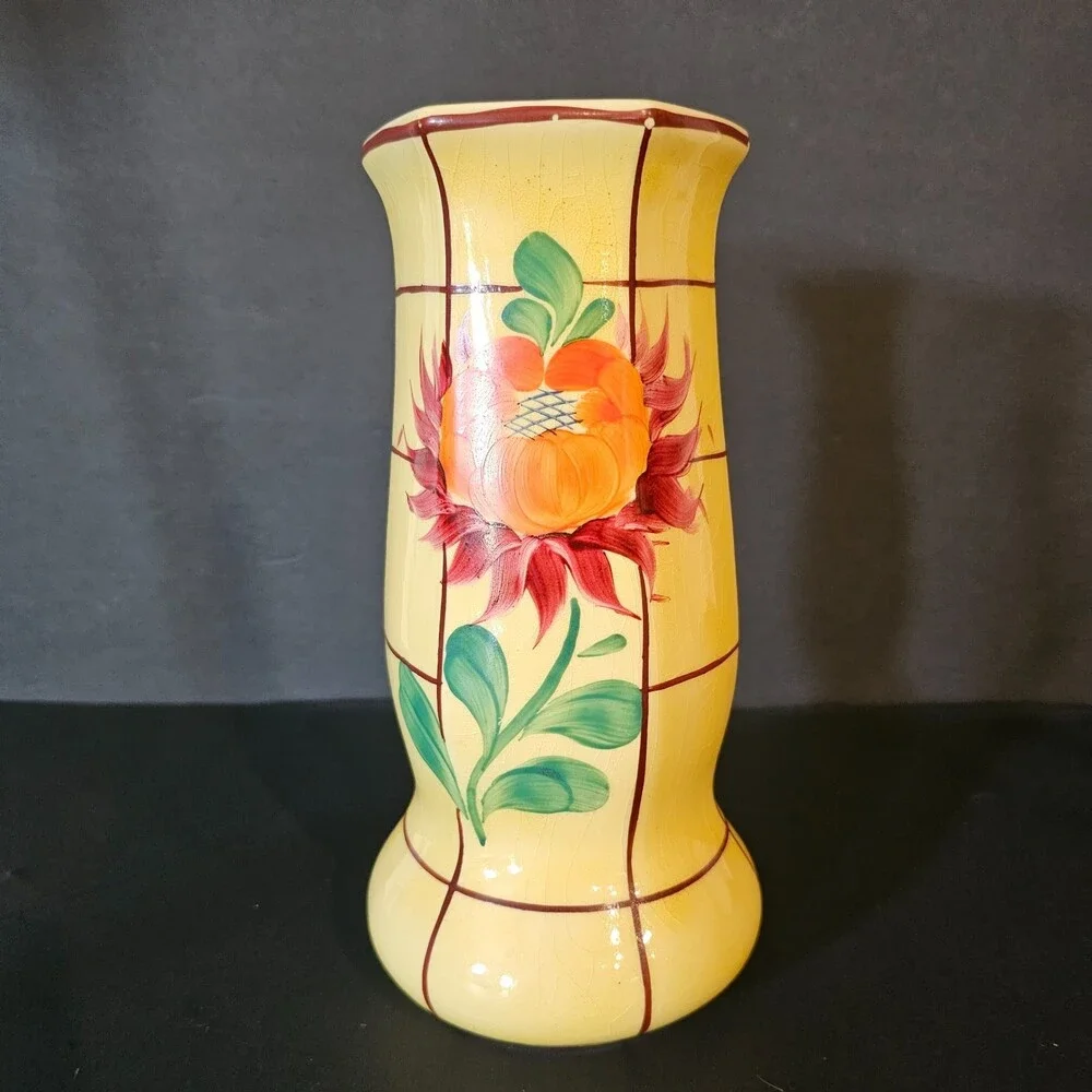 Vtg Handpainted Czech Pottery Vase, Yellow Orange Red Flower 8 x 4 in Art Deco